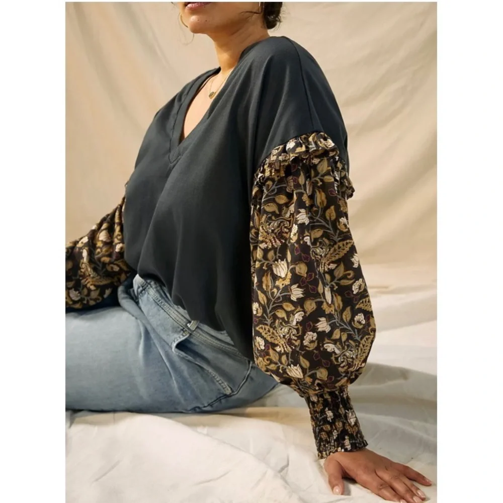 Anthropologie Plus Let Me Be Sydney Long Puff-Sleeved Black Floral Blouse Top 1X - Picture 1 of 16